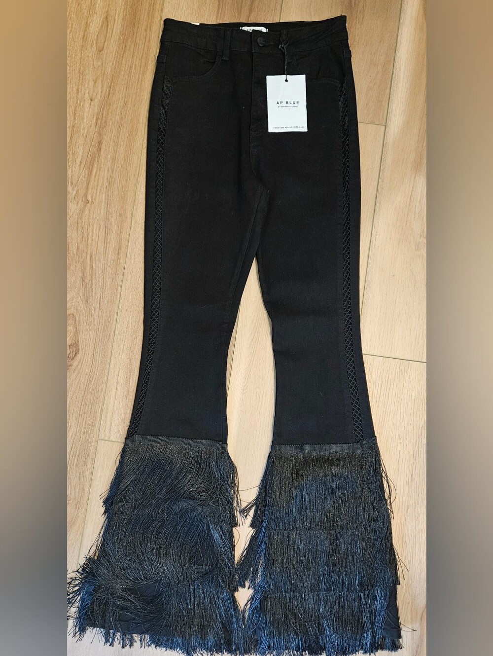 Aphrodite Black Fringe-Hem Flare Leg Jeans with Side Trim